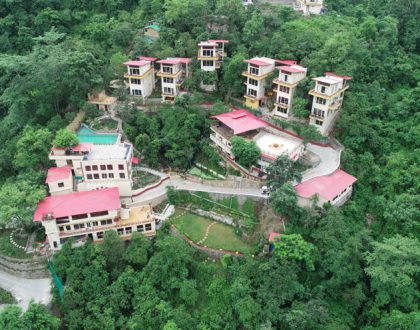Sky Drone View of Best Ayurveda Panchakarma Yoga Retreat in Rishikesh Himalayas India at Veda5