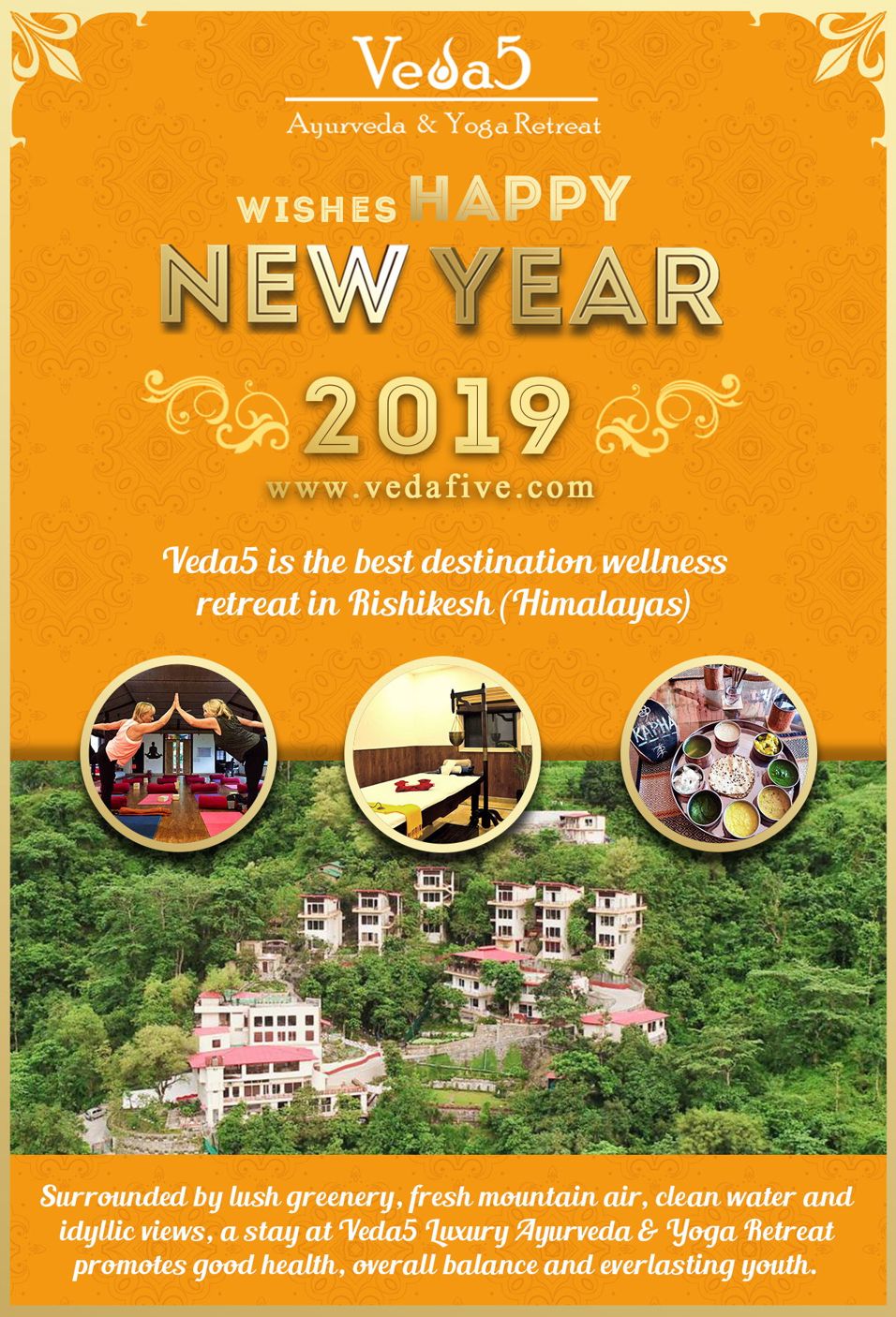 Happy New Year 2019 by Veda5 Luxury Ayurveda Yoga Retreat Rishikesh Himalayas India