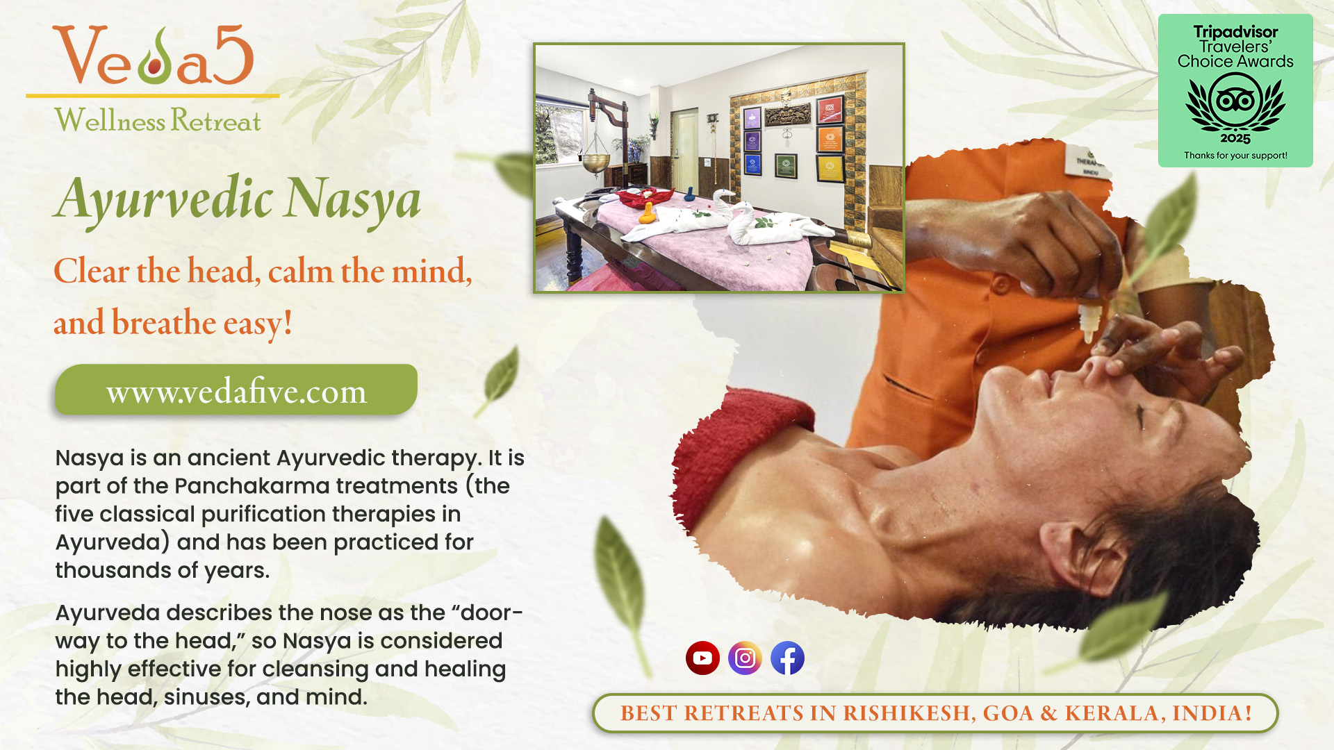 Learn about the Role of Ayurvedic Nasya in Sinusitis at Veda5 Ayurveda and Yoga Wellness Retreats in Rishikesh, Kerala and Goa, India