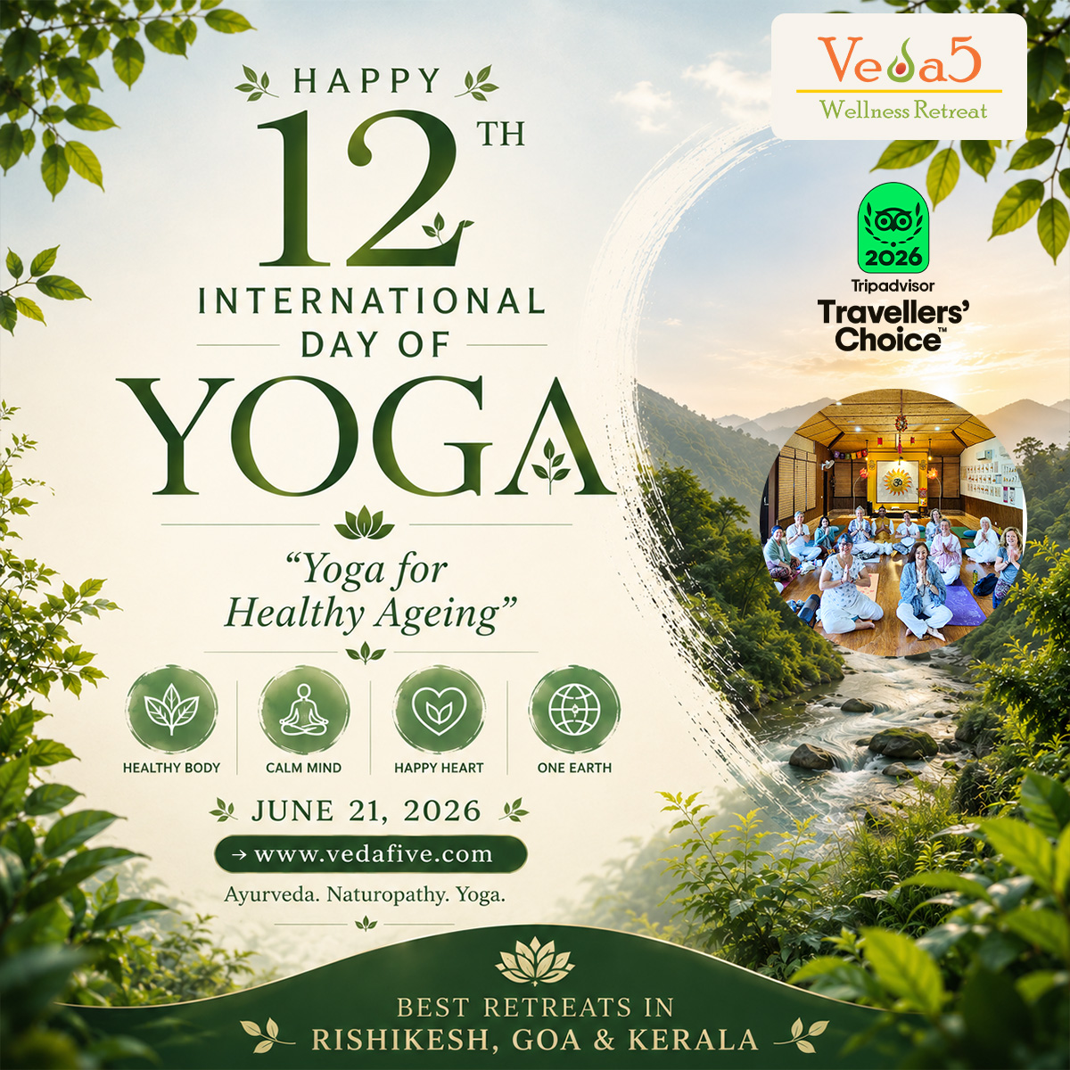 International Yoga Day 21 June 2026 - Veda5 Wellness Retreats in Rishikesh Goa Kerala India - Ayurveda Panchakarma Naturopathy Yoga for Healthy Ageing