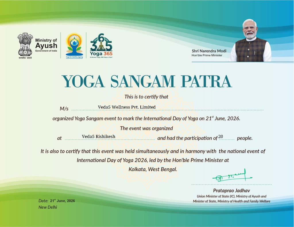 Yoga Sangam Patra Certificate - Govt of India - Ministry of Ayush - Veda5 Wellness Retreat - Rishikesh Goa Kerala - Yoga Ayurveda Panchakarma Naturopathy - English